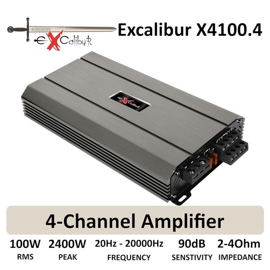 Grijze Excalibur X4100.4 4-kanaals versterker, 100W RMS, 2400W piekvermogen, frequentie 20Hz-20000Hz.