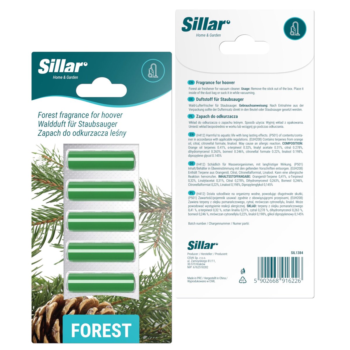 Sillar geurstaafjes voor stofzuiger - stofzuigerverfrisser - geur voor in de stofzuiger - bosgeur - 5 stuks