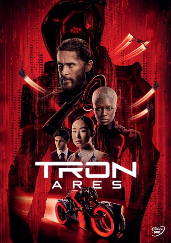 Poster voor de film Tron: Ares met vier personen, een lichtgevende motor en digitale patronen.