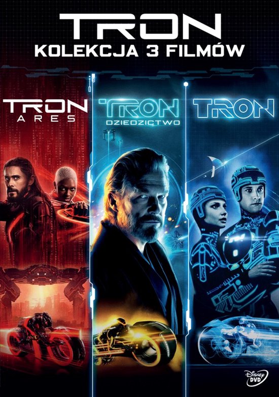 Poster voor de 3-film collectie TRON met beelden uit TRON: Ares, TRON: Legacy en TRON. V.l.n.r.: Jared Leto, Garrett Hedlund en Olivia Wilde.