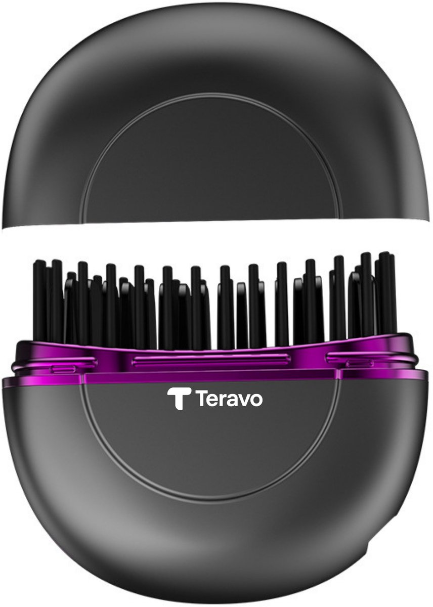 Teravo Draadloze Elektrische Stijlkam - Elektrische Haarborstel - Stijlen en Kammen - Mini Haarborstel - USB-C Oplaadbaar - Ideaal Voor Reizen - 3 Temperatuurstanden - Voor Fijn/Normaal/Grof Haar - Plantaardige Proteïne - Ionentechnologie - Grijs