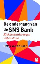Boekcover van 'De ondergang van de SNS Bank' met rode, oranje, blauwe en gele patronen. De titel is wit en de ondertitel is rood.
