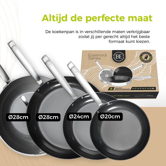 Vier koekenpannen in verschillende maten: Ø28cm, Ø28cm, Ø24cm, Ø20cm, met glanzende zilveren handvatten.