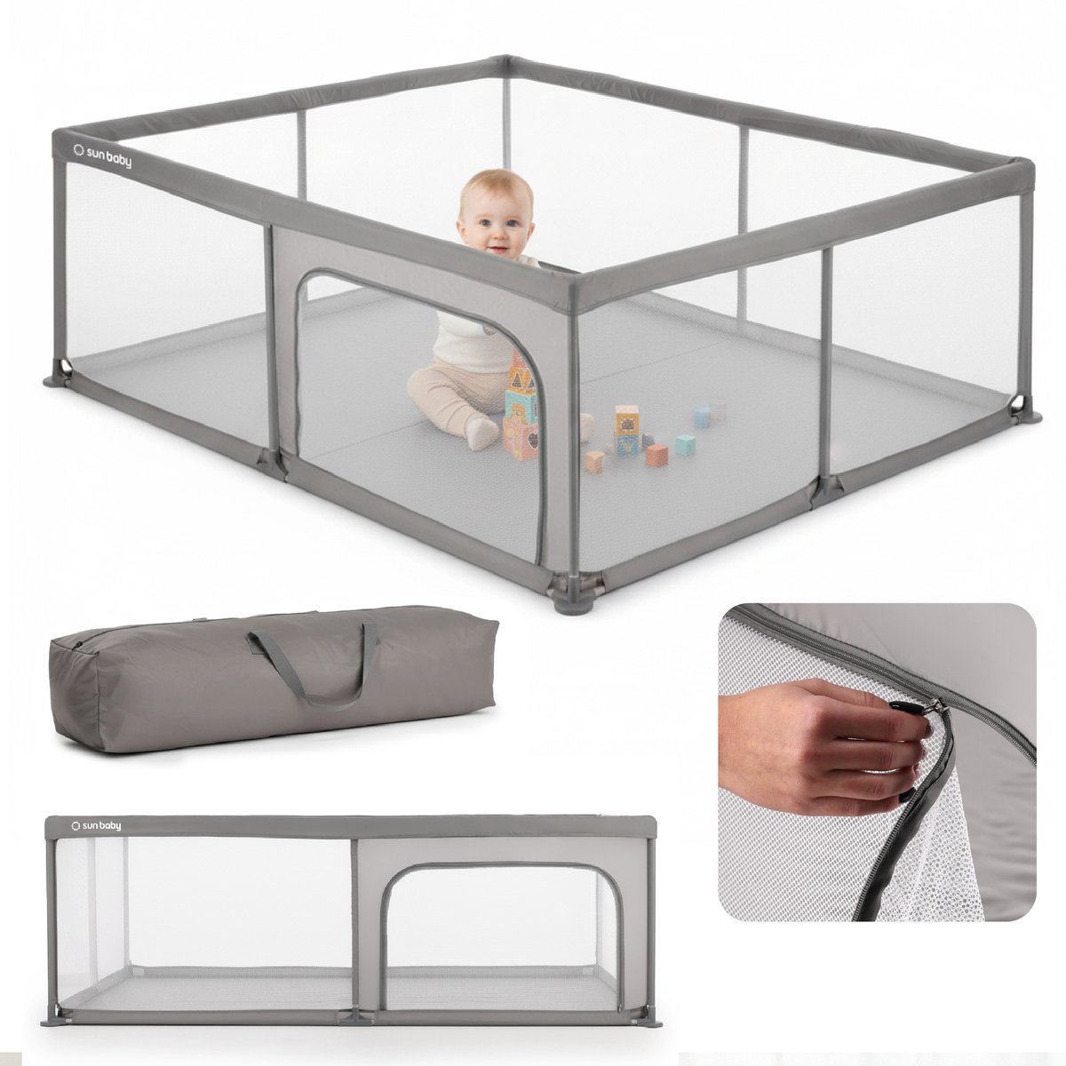 sun baby Kinderbox 150x200 cm 0-2 jaar Grijs, polyester, netwanden, ingang met rits, antislipvoetjes, draagtas inbegrepen, metalen frame