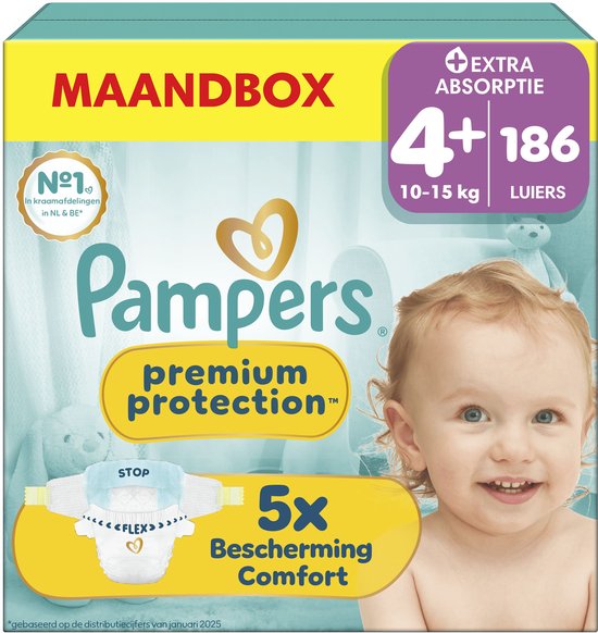 Pampers Premium Protection Maat 4+ - 186 Luiers - 10kg-15kg - Voorraadbox
