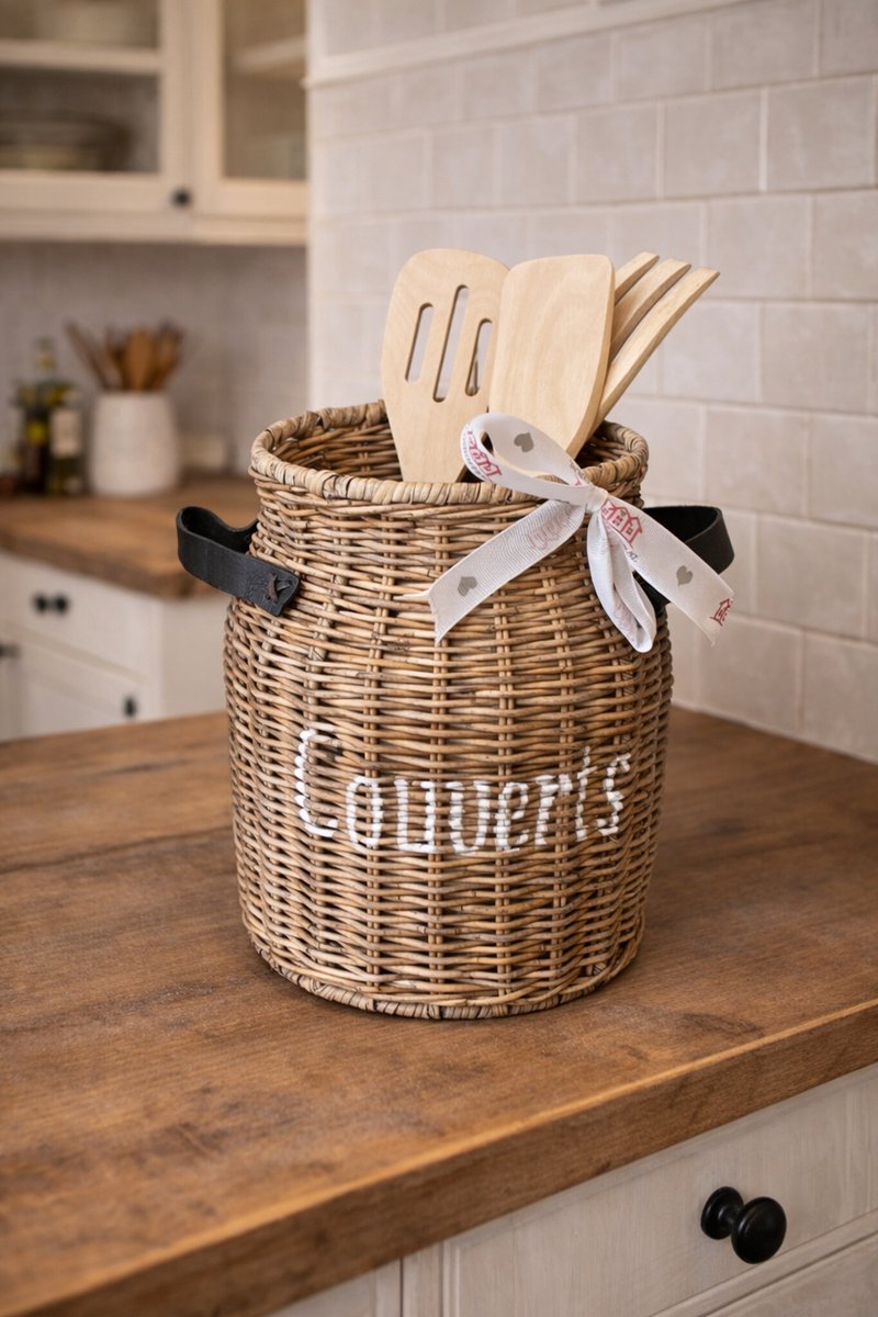 Rieten Opbergmand met Leren Handvat - Couverts - 22x16 cm - SRIMIT Grey - Decoratief & Handig - Keuken - Opatel - Opberg
