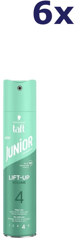 Mintgroene haarlakbus van Taft Junior met 'Lift-Up Volume' en hold factor 4. "6x" in blauwe letters.