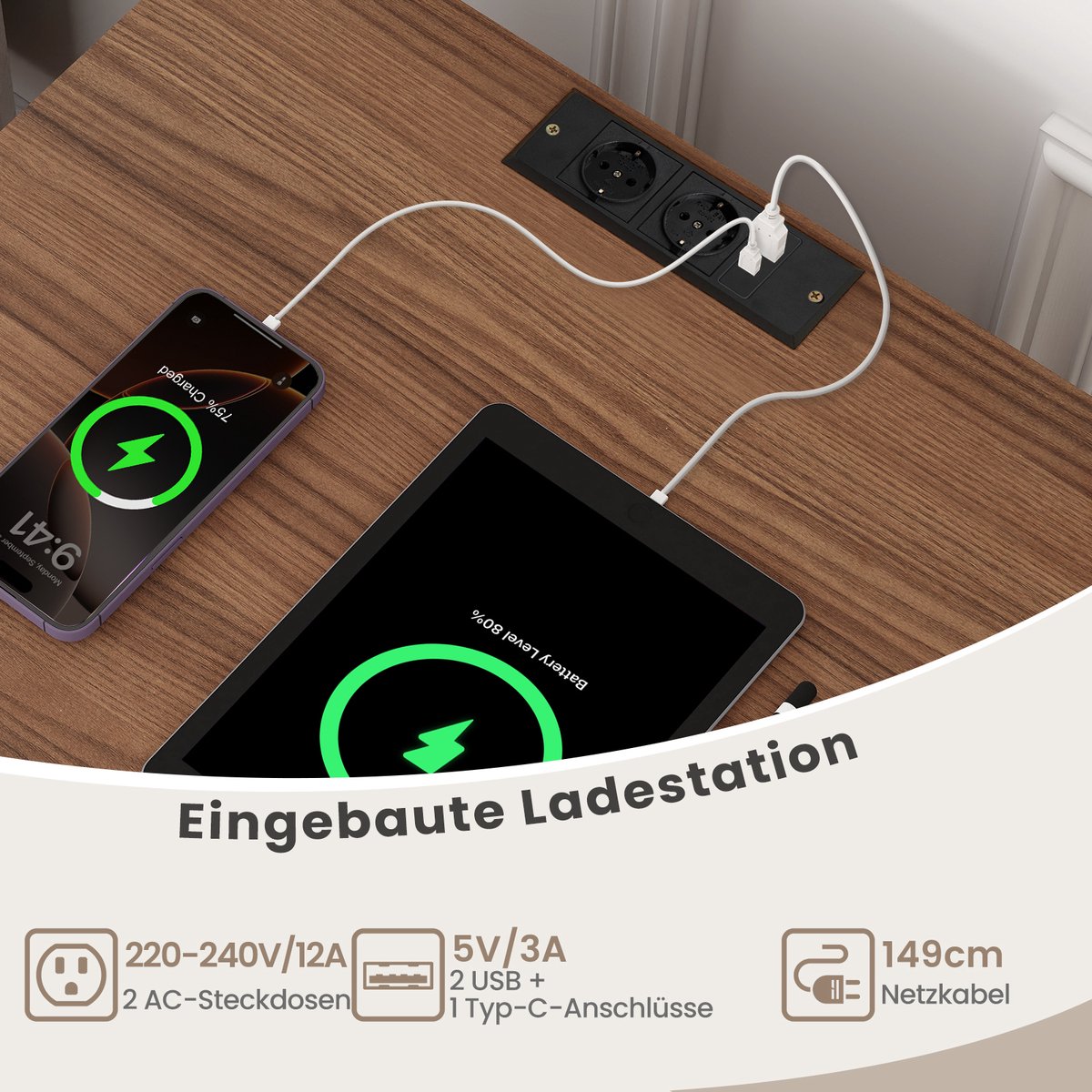 COSTWAY Draaitafel standaard met laadstation, vinylplaten, draaitafel met plank en 4 scheidingswanden en metalen poten, platenstandaard bijzettafel, woonkamer kantoor, 53 x 45 x 78,5 cm (bruin) thumbnail 3