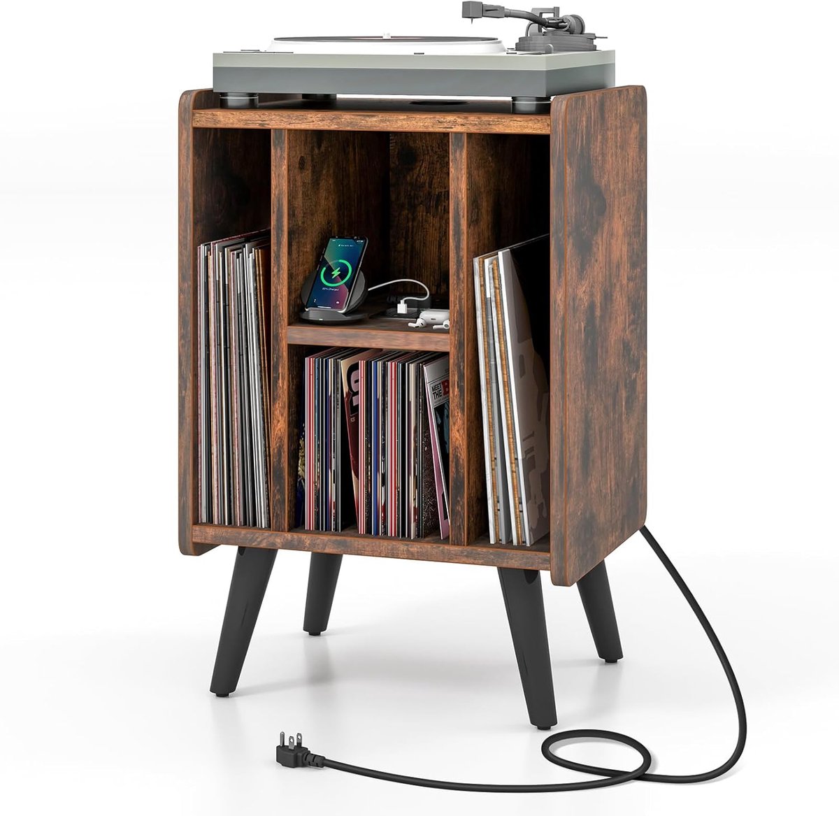 COSTWAY Draaitafel standaard met laadstation, vinylplaten, draaitafel tafel met 4 open planken, vinylplaatstandaard vintage, bijzettafel voor woonkamer kantoor, 43 x 34,5 x 67,5 cm (vintage)