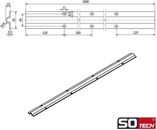 SOTECH grondrail voor roldeur met deurrollen (R10) Looprail 1000 x 55 x