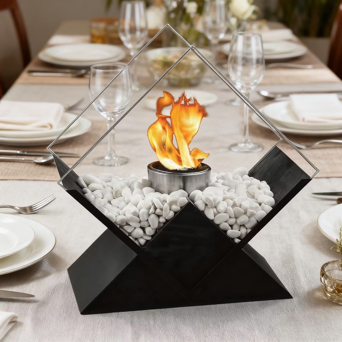JHY DESIGN Bio Ethanol Sfeerhaard - Grote Tafelhaard - Bio-Ethanol Haarden - Binnen & Buiten - Met decoratieve stenen - 37 cm Hoog