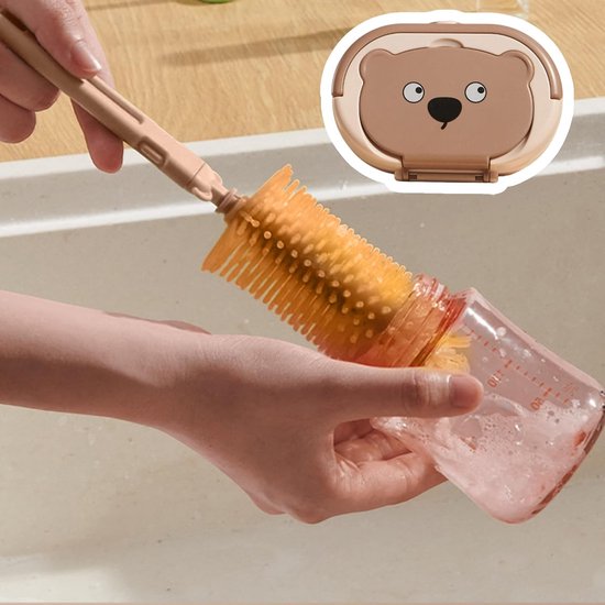 Flessenborstel Baby - Babyfles Schoonmaakset - Reisset - BPA vrij - Baby Flessenborstel - Siliconen - 7-in-1 - Flessenborstel - vaste basis - Geschikt voor Glazen, Theepotten, Buizen, Brooddozen En Spenen - Bruin van Flessenborstel Baby — afbeelding 5