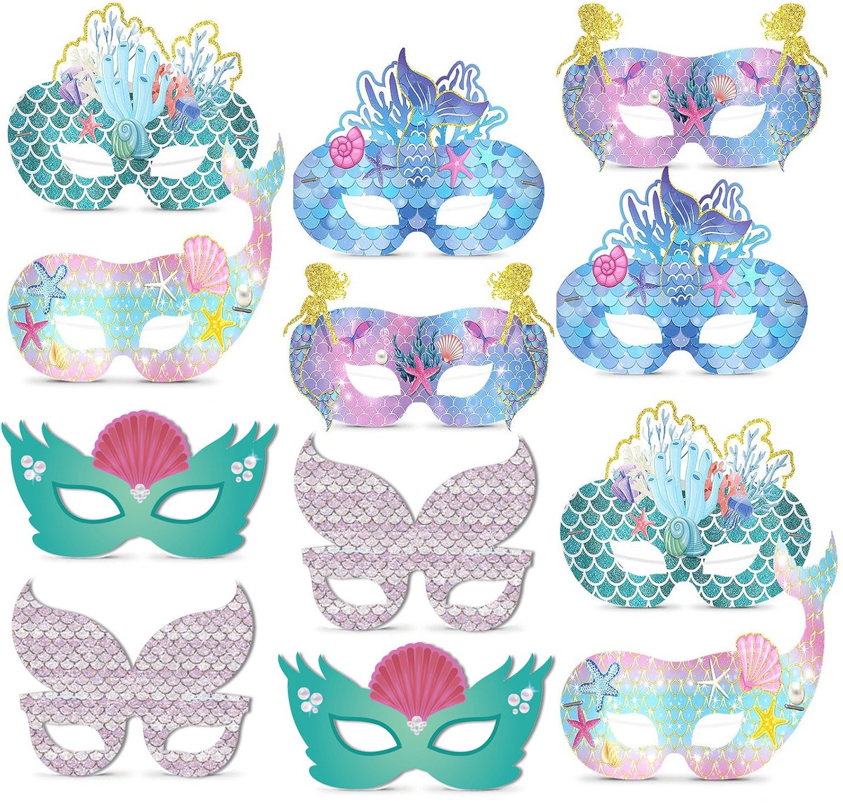 Daity 12-delige set - Feestartikelen met zeemeerminthema - papieren zeemeerminmaskers - geschikt voor kinderen - onderwaterwerelddecoraties - feestartikelen voor rollenspellen voor kinderen - verjaardagscadeau voor meisjes