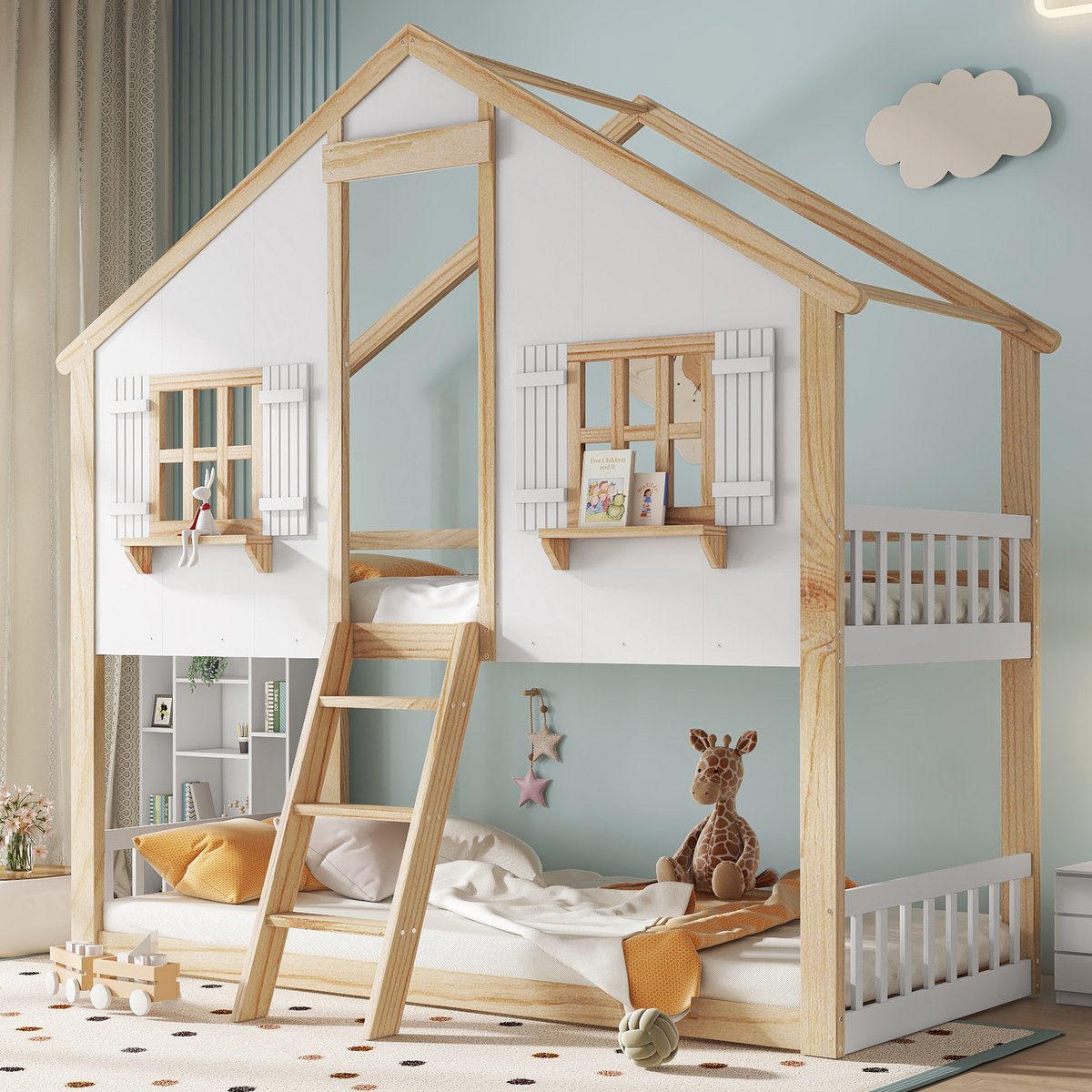 Stapelbedden - 90x200cm - Hoogslaper Met Fraai Raam En Dak - Stabiele Lattenbodem - Zijveiligheidshek - Kiefer + MDF + Multiplex - Wit + Naturel