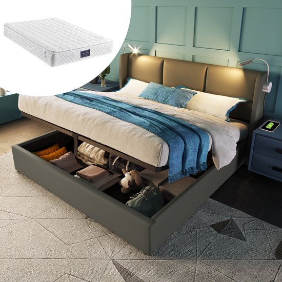 BEDCONSTRUCTIE Slaapkamer Compleet Set, Gestoffeerd bed 180×200cm, Tweepersoonsbed met 2 nachtkastjes, Hoofdbord met leeslamp met USB-oplaadfunctie, Hydraulisch bed met opbergruimte (Beige