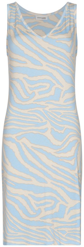 Mouwloos nachthemd met blauw-ecru zebraprint, v-hals en merknaam 'Pastunette' op de kraag.