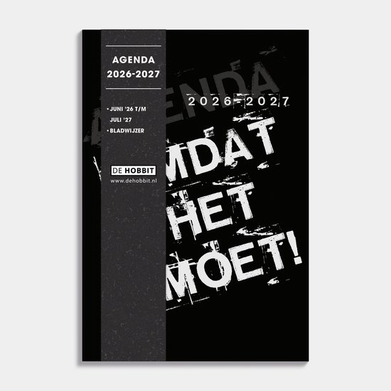 Zwarte agenda kaft met witte tekst 'AGENDA 2026-2027', 'JUNI '26 T/M JULI '27', 'BLADWIJZER' en logo 'DE HOBBIT'.