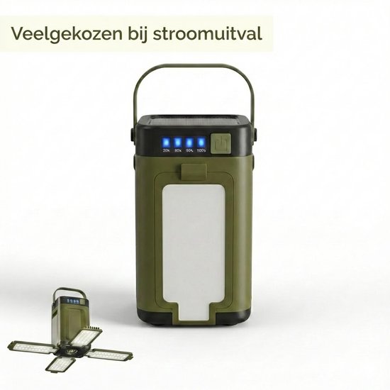 Groene noodlamp met vier uitklapbare lampen, op de voorgrond een staande lamp met LED-indicatoren, op de achtergrond een uitgevouwen lamp.
