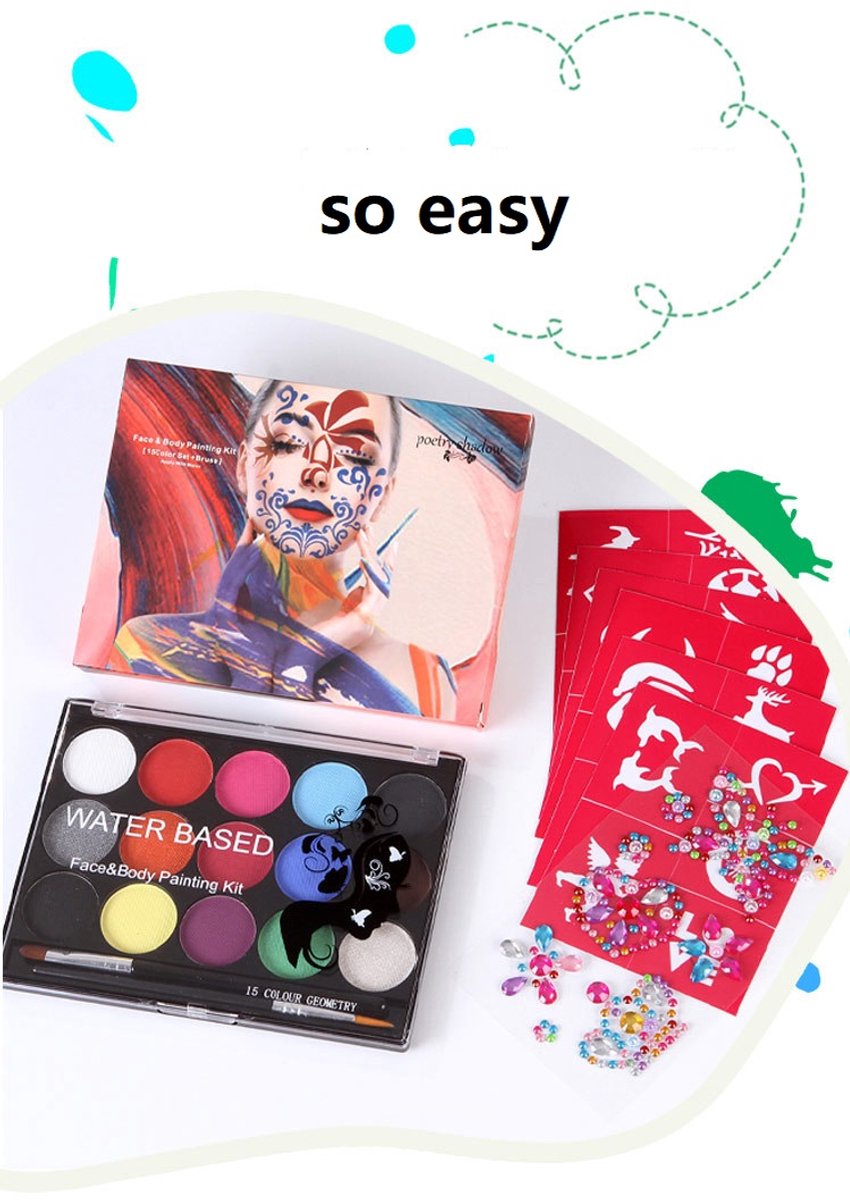 Schminkset Kinderen 15 kleuren-Veilig Schmink Kinderen -15 kleuren & 3 penselen & 4 sjablonen & diamantstickers op waterbasis- veiligheidscertificering- Schminkset - Make up Kinderen - Face paint - Grime Schmink - Kinderschmink voor mooi grimas — afbeelding 2