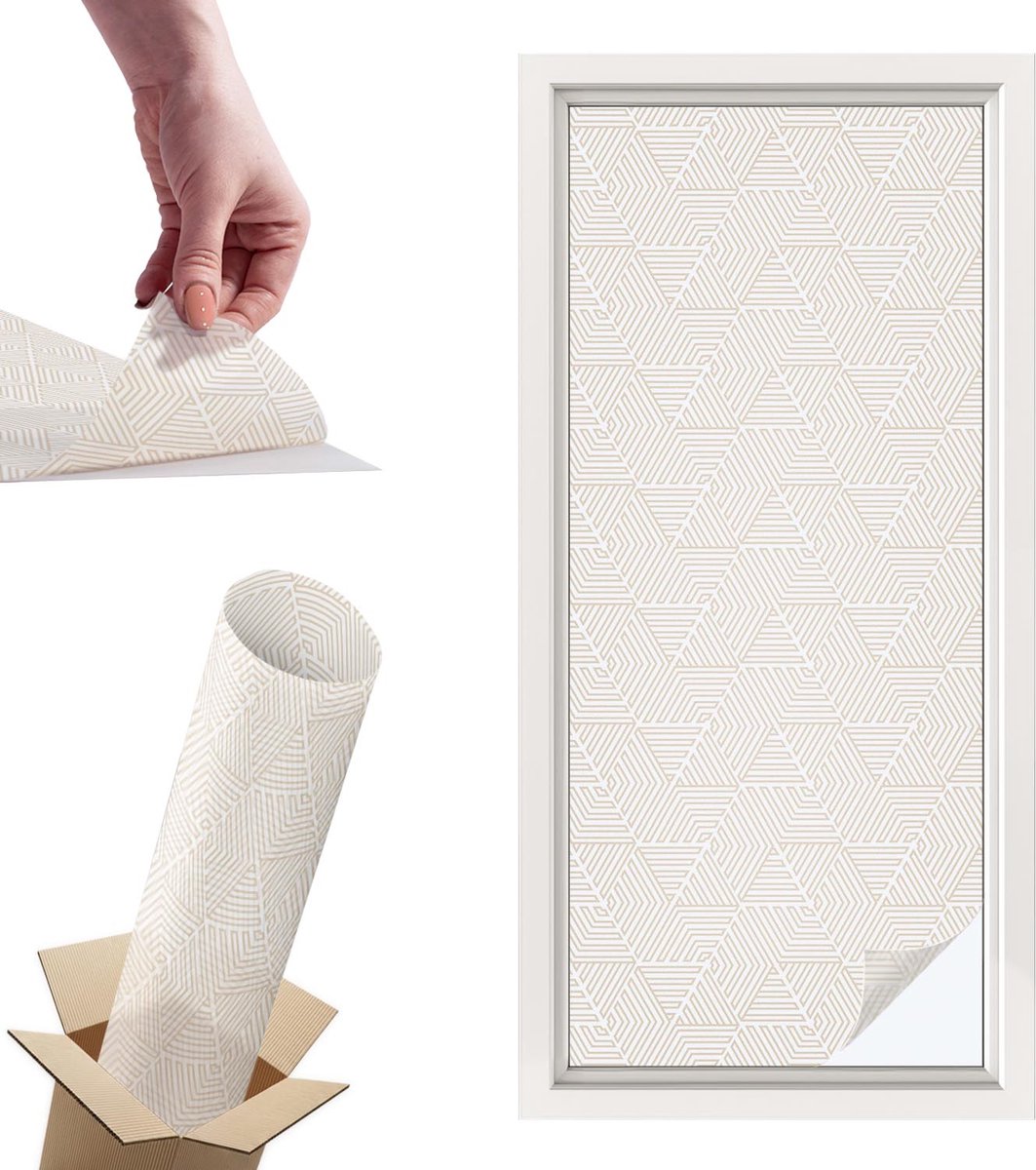 TULUP Raamfolie Anti inkijk - Rechte driehoeken Privacy Folie Raam - 50x116 cm - Beige Anti inkijk Folie - Raamfolie Tegen inkijk Glas in Lood - Voor de hal, voor de woonkamer, voor het kantoor - Raamfolie Zonwering Beige - Rechte driehoeken
