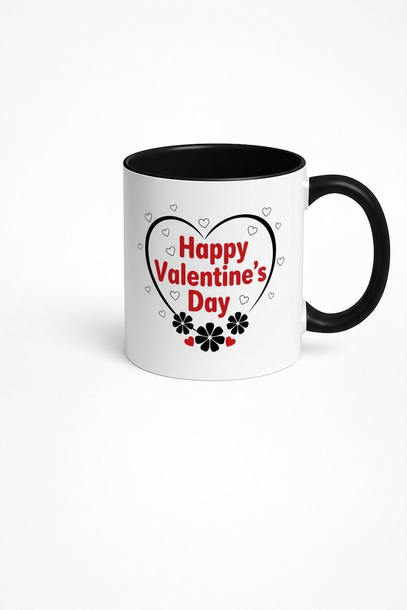 Valentijnsdag Mok met 'Happy Valentine's Day' Tekst, Hartjes & Bloemen - Romantisch Cadeau