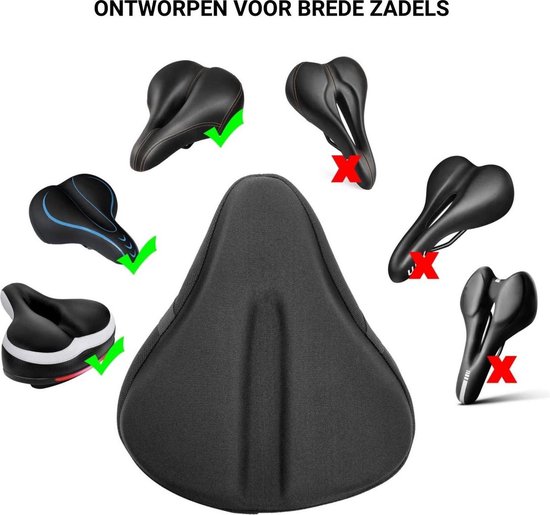Zwart fietszadel met verende zijkanten en bevestigingslus, naast andere zadels met kruisjes of vinkjes.