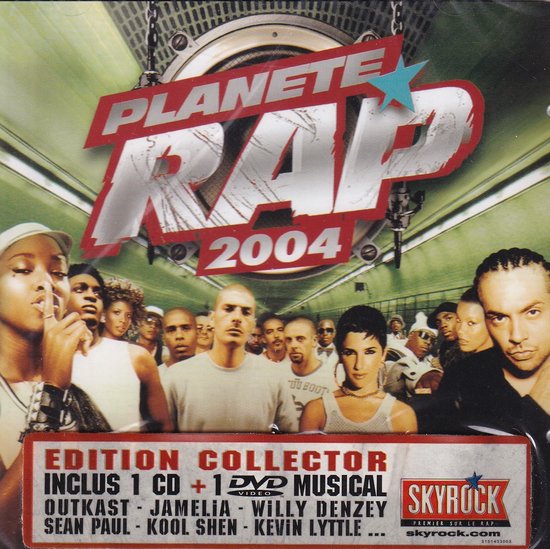 Voorzijde van de "Planete Rap 2004" CD+DVD Collector Edition. Een groep mensen staat centraal. Met vermelding van artiesten en Skyrock.