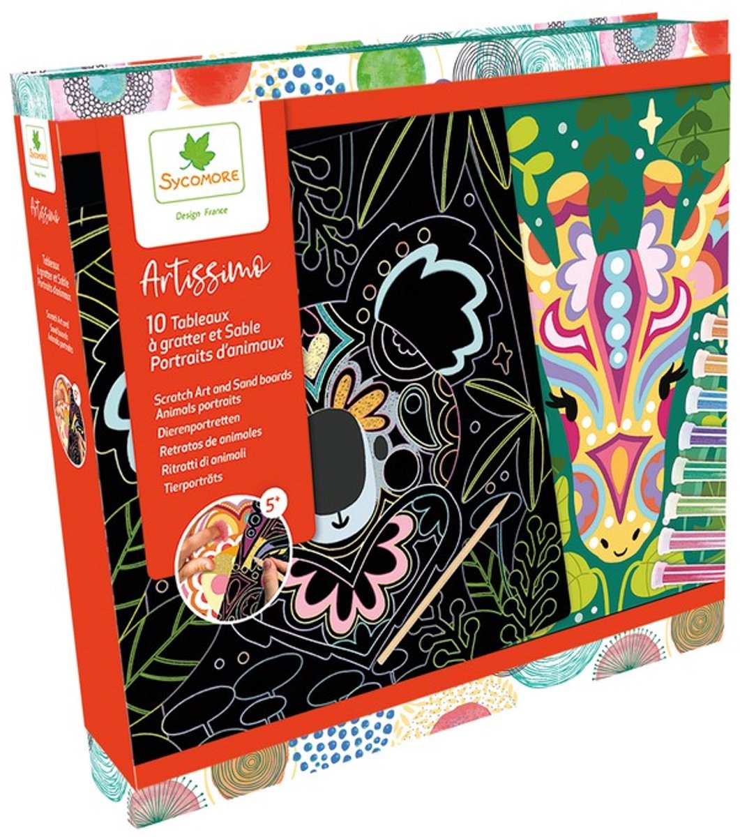 Sycomore XL knutselset scratch art en zand dierenportretten 5 jaar+.