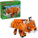 Set LEGO Minecraft d'un renard orange à taches brunes, queue et pattes blanches. La boîte montre le renard dans un environnement boisé.