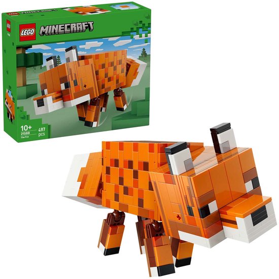Set LEGO Minecraft d'un renard orange à taches brunes, queue et pattes blanches. La boîte montre le renard dans un environnement boisé.