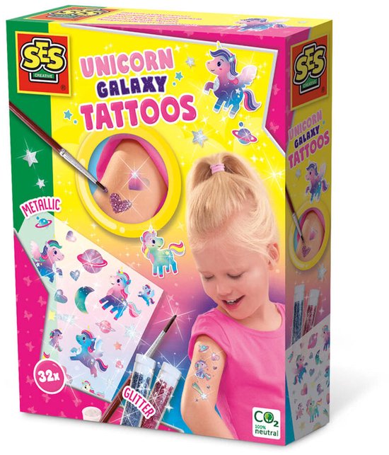 SES Creative - Galaxy - Tattoos voor Kinderen - 32 Unicorn Tattoos - Neptattoo - Gemakkelijk Afwasbaar - Vanaf 5 jaar