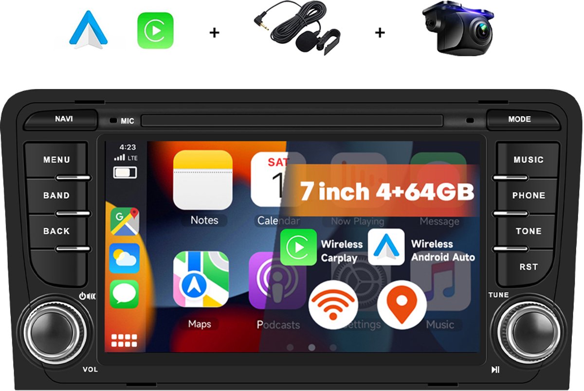 Boscer® Android 15 Autoradio Geschikt voor Audi A3, S3, RS3 (2003-2012) - 4+64GB - 7 inch HD IPS Touchscreen - Draadloze Apple CarPlay & Android Auto - GPS Navigatie - WIFI, Bluetooth, USB & MP5 - Microfoon & AHD Achteruitrijcamera - Nieuw 2026 Model