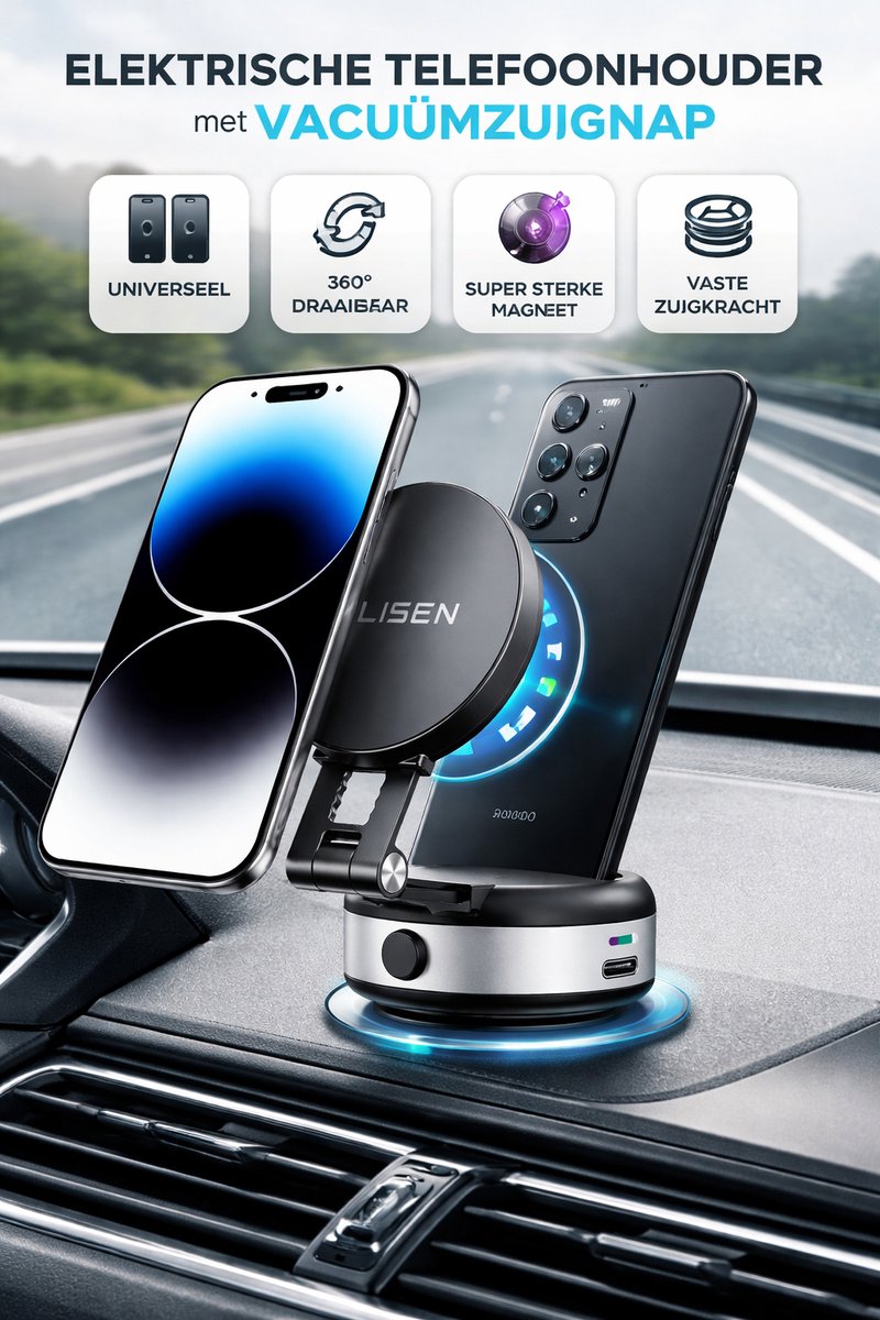 LISEN Elektrische Magnetische Telefoonhouder met Vacuümzuignap – MagSafe Autohouder – 360° Draaibaar – Dashboard & Voorruit – iPhone & Samsung-360° draaibaar & verstelbaar