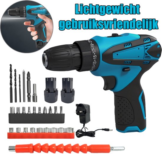 12V Accuboormachine Set Lichtgewicht Elektrische Schroevendraaier met 2x 3.0Ah Accu, LED, 25+1 Koppelstanden, Boor- en Schroefbits
