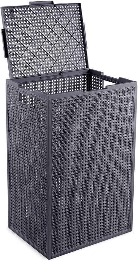 Grijze Curver Kaya wasmand met deksel, met rotanlook patroon en open bovenkant. Afmetingen 38x29x58,5 cm.