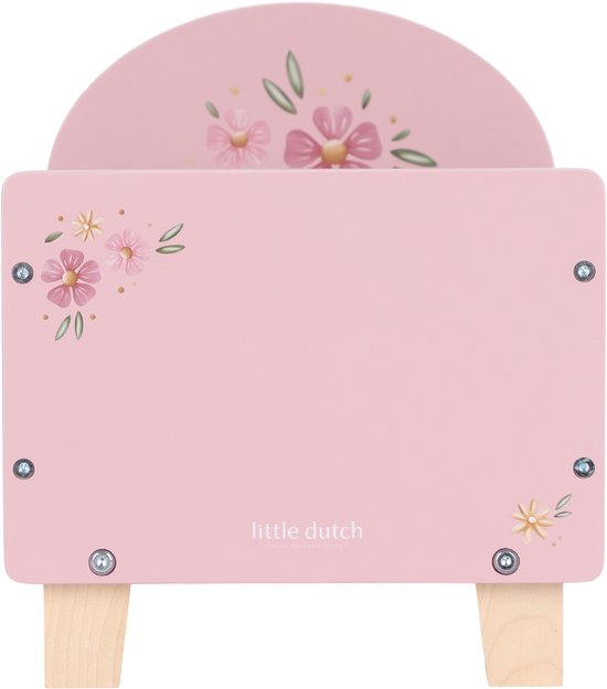 Roze poppenbedje met bloemendecoratie en houten pootjes. Little Dutch logo.