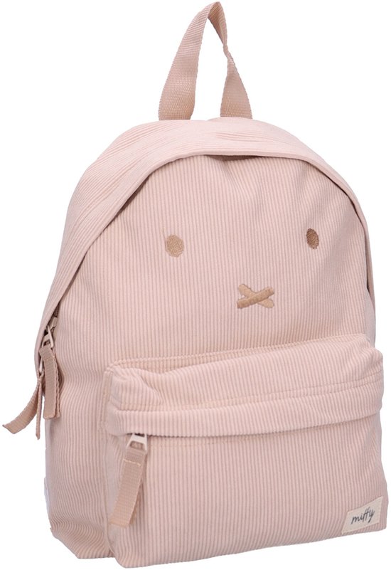 Lichtroze corduroy rugzak met Miffy gezichtsuitdrukking, voorvak met rits en Miffy label.