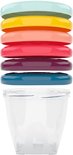 Stapel transparante bewaarbakjes met meerkleurige deksels. Dekselkleuren van boven naar beneden: groen, geel, roze, rood, paars, blauw.