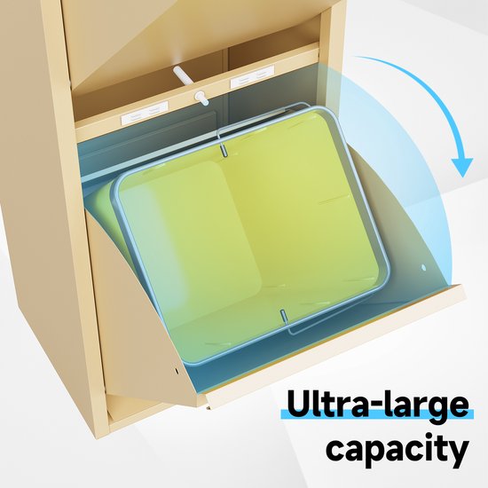 Een ivoorkleurige prullenbak met de klep open en een gele binnenemmer. Tekst "Ultra-large capacity".