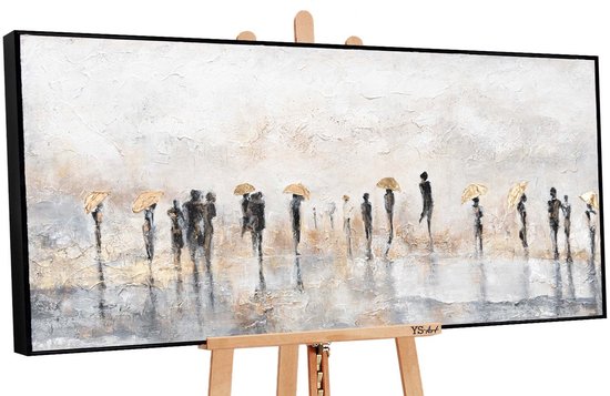 YS Schilderij - Handgeschilderd canvas schilderij - Wanddecoratie moderne Kunst - goud - Geometrisch - Muurdecoratie woonkamer - Slaapkamer decoratie - Kamer accessoires - schilderij Modern Met lijnen - abstracte schilderijen Kunst Black 100x50