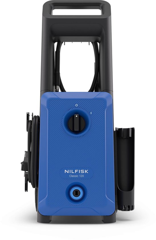 Blauwe Nilfisk hogedrukreiniger, model Classic 120, met opgerolde slang en opbergruimte voor accessoires.