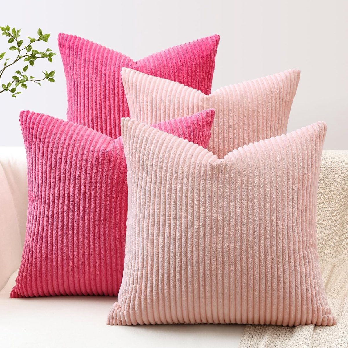 Famanu Corduroy ribfluweel kussenhoezen set van 4 (60x60 cm) – boho decoratie – roze/felroze – grote sierkussenhoezen Roze Hot Pink