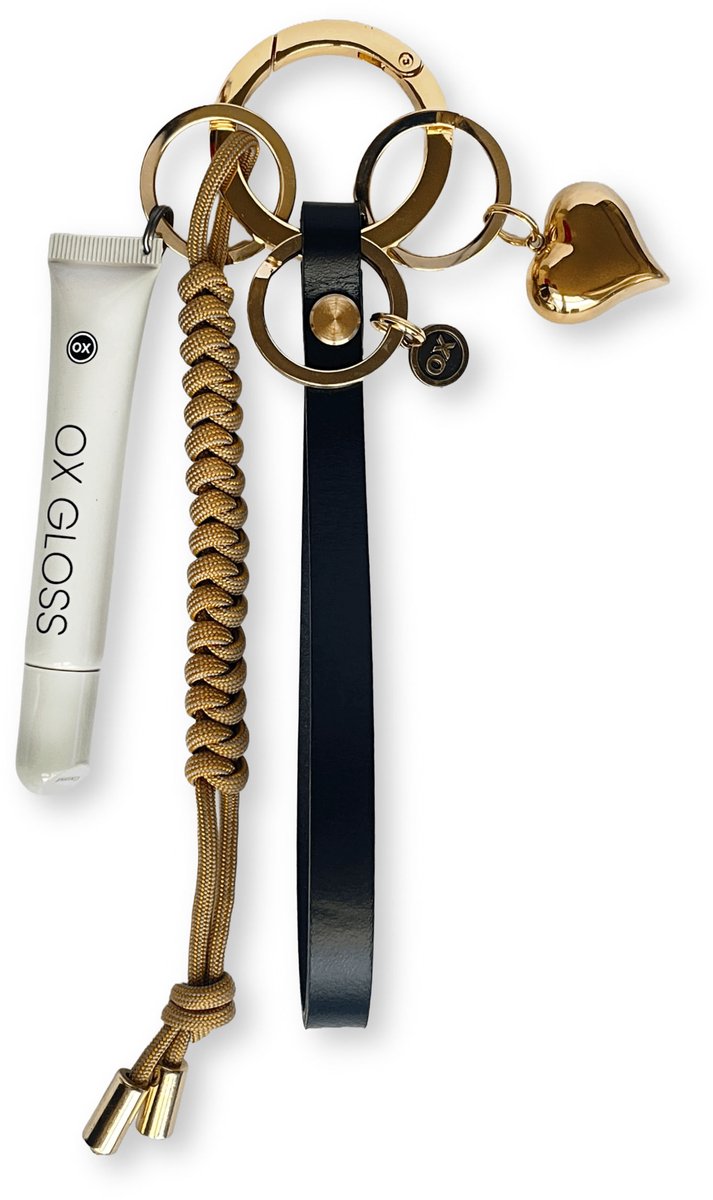 OX Originals - Tassenhanger - Sleutelhanger - Bag Charm - Met Polsband, Lipgloss en Hart Bedel - Zwart - Goud
