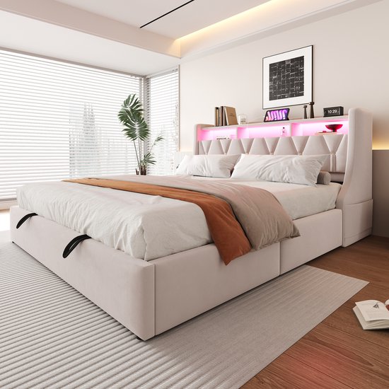 HAUSS SPOLE Gestoffeerd Bed 180x200 cm - Omklapbaar Hoofdeinde Met Opbergruimte - USB & Type-C Stopcontact - LED - Samtstof - Beige - Zonder matras