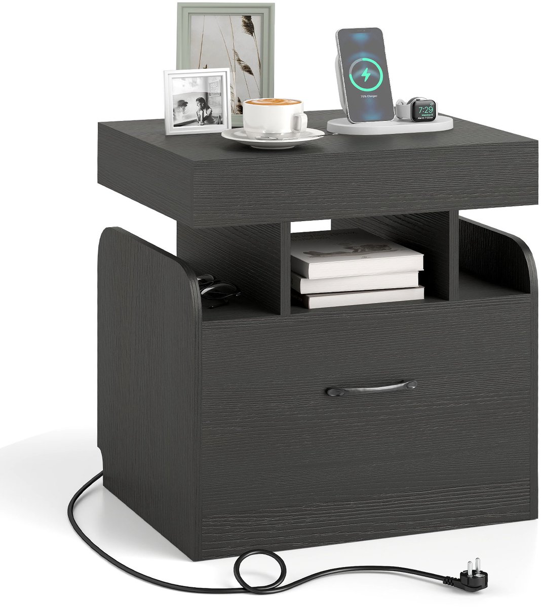 Costway Nachtkastje met 2 stopcontacten, 1 USB, 1 Type-C, geheim vak, bijzettafel met lade, nachtkastje met open vakken, salontafel voor woonkamer, slaapkamer, 50 x 40 x 55 cm (Zwart)