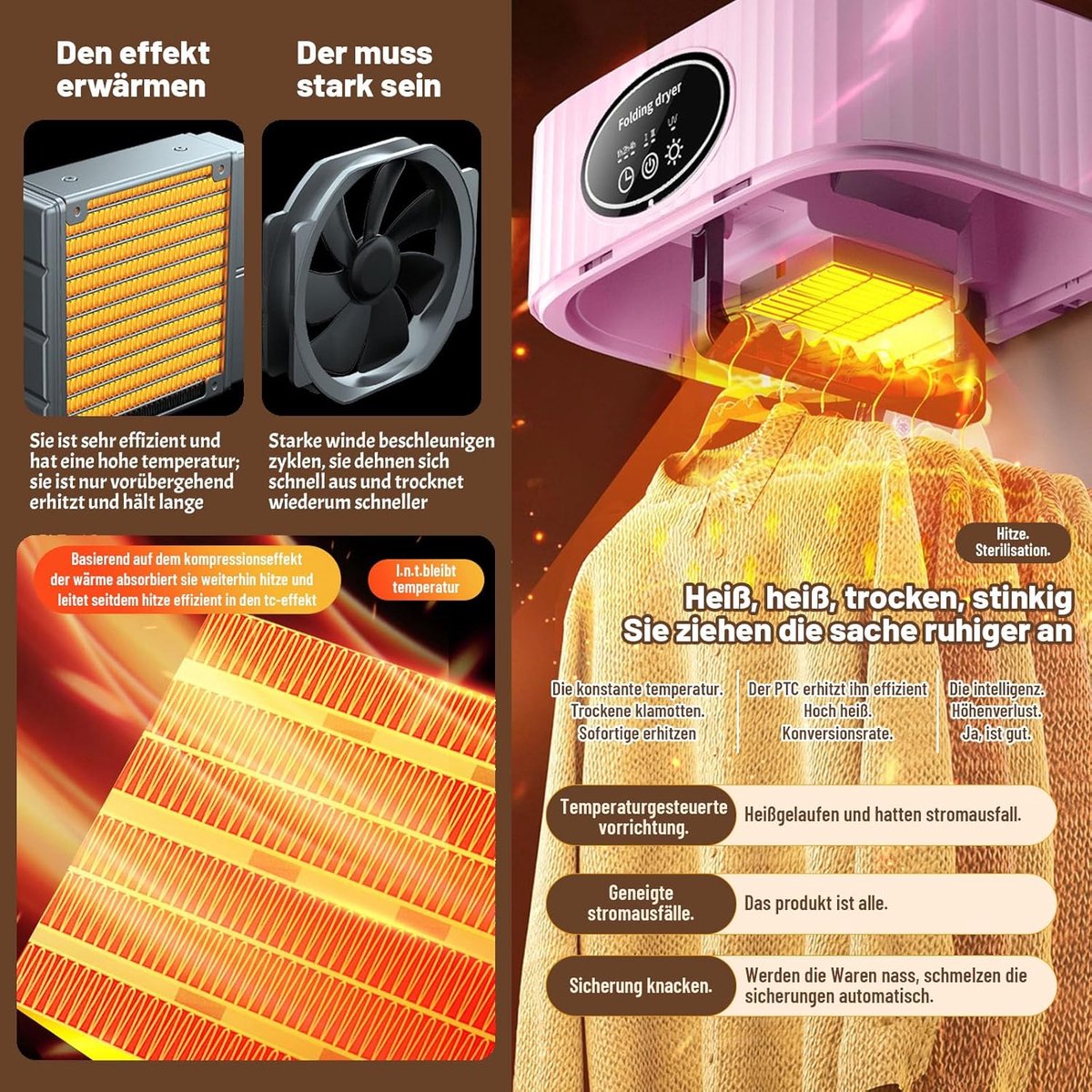 Condensdroger Wasdroger - Multifunctionele Droger - Opvouwbare Droogmachine - met UV Sterilisatie - 3 Timerstanden - 2 Snelheden - 45 dB Stil - Elektrisch Droogrek - Voor Thuis & Campers & Appartementen & Hotels thumbnail 6