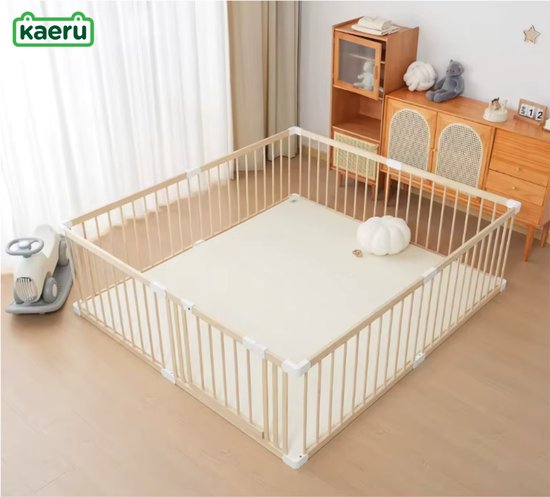 Parc bébé en bois Kaëru® – Parc bébé – Parc rampant – Aire de jeu spacieuse et sécurisée – 180 x 180 x 61 cm – Avec pièces de connexion blanches – Perfect pour ramper et jouer