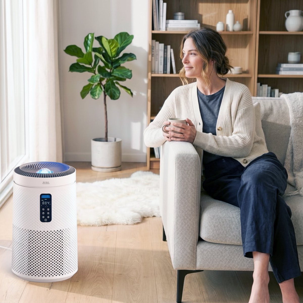 Blanc Square Luchtreiniger Pro - Air Purifier - HEPA 13 + Koolstoffilter - 400m³/h 90m² met UV-Desinfectie - Slaapkamer, Woonkamer, Kantoor – Tegen Allergie, Pollen, Geurtjes - Luchtkwaliteitindicator - Clean Air Slaapstand — afbeelding 7