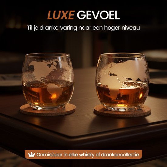 Coffret cadeau Golermo Globe à whisky de Luxe – Carafe + 2 Verres à whisky + 9 pierres rafraîchissantes + support en bois – Coffret cadeau