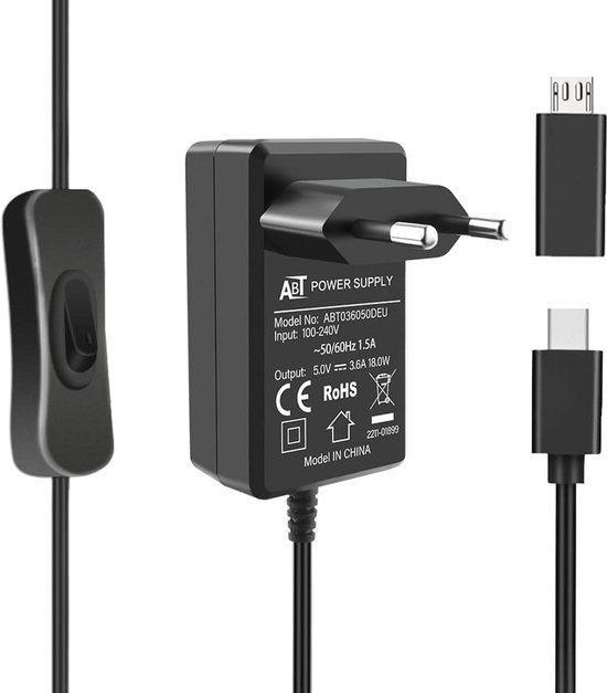 Voeding Raspberry Pi 4 USB-C Voeding met AAN/UIT-schakelaar voor Raspberry Pi 4 en andere ...